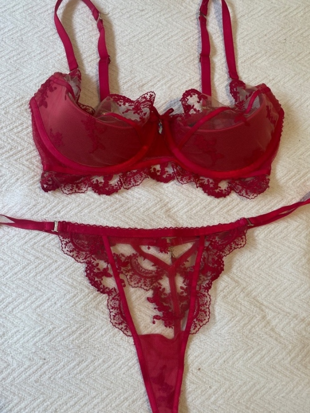 Honey Birdette Madison Red Lace Underwire Push-up Bra & Thong Set